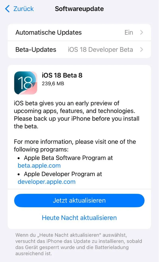 桥头镇苹果手机维修分享苹果 iOS / iPadOS 18 开发者预览版 Beta 8 发布 